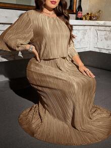 Reflora 大码纯色圆领宽松优雅长裙 - 卡其色 - 查看 8