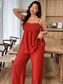 Weeklong Plus Size Women's Casual Camisole & Wide Leg Pants 2 Pieces Set, Spring/Summer - Red - View 3