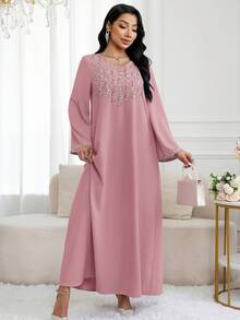 Al Najma Women's V-Neck Applique Design Long Sleeve Loose Casual Arabic Style Dress - Dusty Pink - View 5