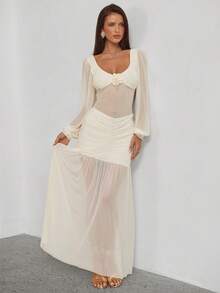 Aloruh Elegantes Damen Maxikleid mit quadratischem Ausschnitt, Blumendekoration, geraffter Taille, Mesh-Einsätzen und einfarbigem Design für Partys - Aprikosenfarben - Übersicht 9