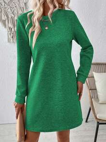 SHEIN LUNE Solid Color Round Neck Casual Versatile Long Sleeve Dress - Green - View 3