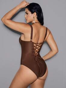 Shapewave 1pc Steel Bra Support Crossback Strap One-Piece Swimsuit, Deep Coffee Color, Beach & Resort Wear, Summer - Coffee Brown - View 3