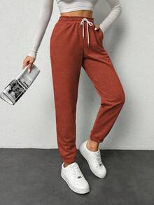 Quần jogger nữ trơn màu có dây rút, túi eo, thường ngày - màu nâu - Xem 4