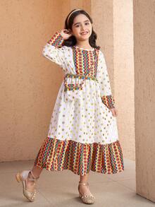 SHEIN Young Girls' Dress, Featuring Beige Base Fabric With Golden Polka Dots, Colorful Geometric Floral Panels On Bodice, Hem And Cuffs, Decorated With Colorful Tassels At Waist, Matching Printed Pouch, Suitable For Festivals And Cultural Events, Lightweight Fabric For Spring/Summer/Autumn