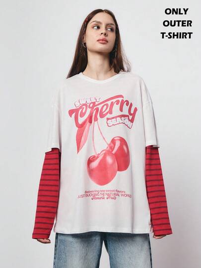 SURIMA Oversized Casual White Minimalist Cherry PatternPattern Round Neck Short Sleeve Loose T-Shirt For Women, Suitable For Summer