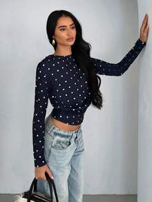 Glamine Simple Polka Dot Knit Long Sleeve Hollow Back Sweatshirt For Women, Daily Wear - Navy Blue - View 3