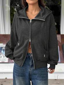 Muchica Áo hoodie dài tay màu xám đậm có khóa kéo phía trước và túi dành cho nữ, thích hợp cho mùa thu/đông. - Màu xám đen - Xem 6