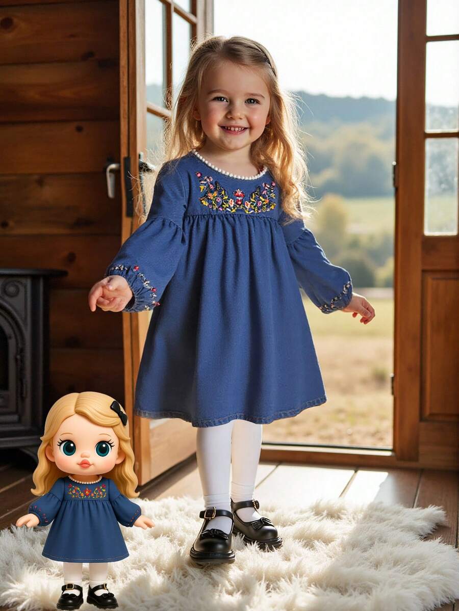 Vintaside Kids 1pc Girls Autumn Dress,Blue Floral Embroidered,Round Neck With Lace Trim,Long Sleeves,Elegant Party Princess,Vintage French Style Casual Dress - Medium Wash - View 1