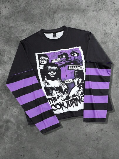 The Conjuring X ROMWE Men's Gothic Horror Mission & Letter Graphic Contrast Stripe Long Sleeve T-Shirt, Casual For Spring & Autumn
