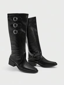 Sugerpunk Botas de media pantorrilla de moda casual de uso diario con diseño de hebilla para mujer - Negro - Ver 5