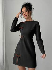 Selianne Váy dài tay xẻ tà nơ màu tương phản dành cho nữ - màu đen - Xem 5