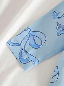 SHEIN 2件組藍色秋季仙女之夜睡衣套裝，蝴蝶結印花長袖上衣與鬆緊腰長褲居家服，可愛少女居家休閒服 2026新年必備 - 淺藍色 - 查看 5