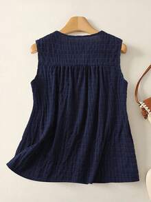GlowEve Women's Front Button Textured Pleated Round Neck Camisole - Navy Blue - View 2