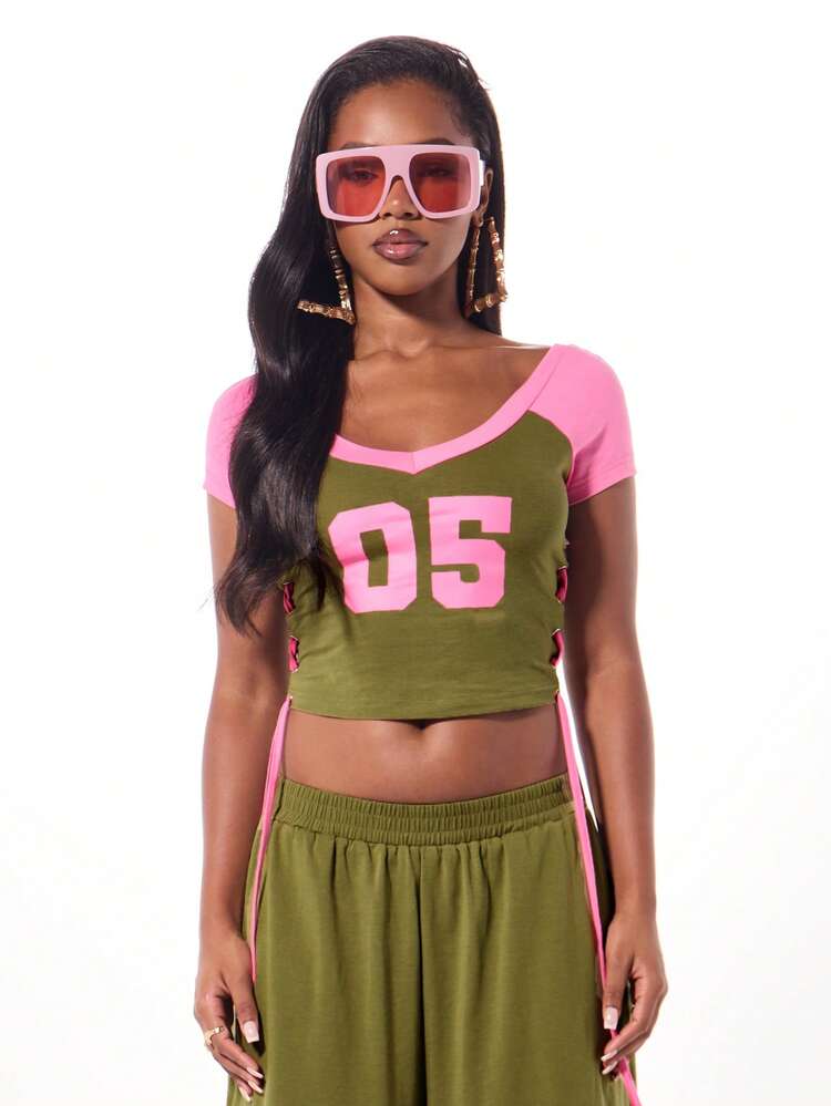 SUMWON WOMEN Raglan Crop Tee With Side Lace Detail