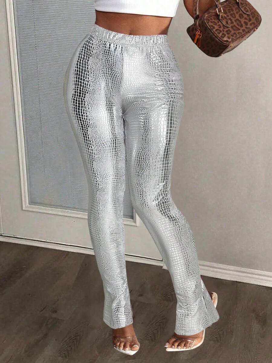Slaydiva 2025 Höst- och vinternytt street casual smalt vinrött PU-texturerat tyg hög midja lugg dambyxor, lämpliga för fester, rave-outfits, halloweenkläder, julkläder, utekvällar, klubbkläder kvinnor sexiga, brunchkläder för kvinnor-A - Silver - Visa 1