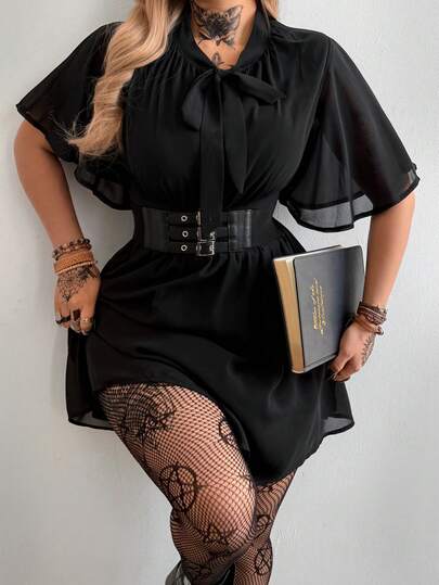 Whyspr Plus Size Solid Color Chiffon Waist Gathered A-Line Ruffle Sleeve Spring/Summer Dress