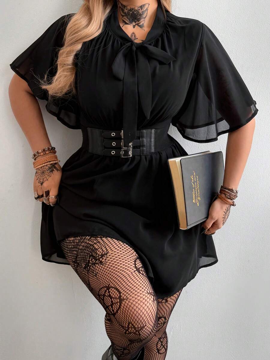 Whyspr Plus Size Solid Color Chiffon Waist Gathered A-Line Ruffle Sleeve Spring/Summer Dress - Black - View 1