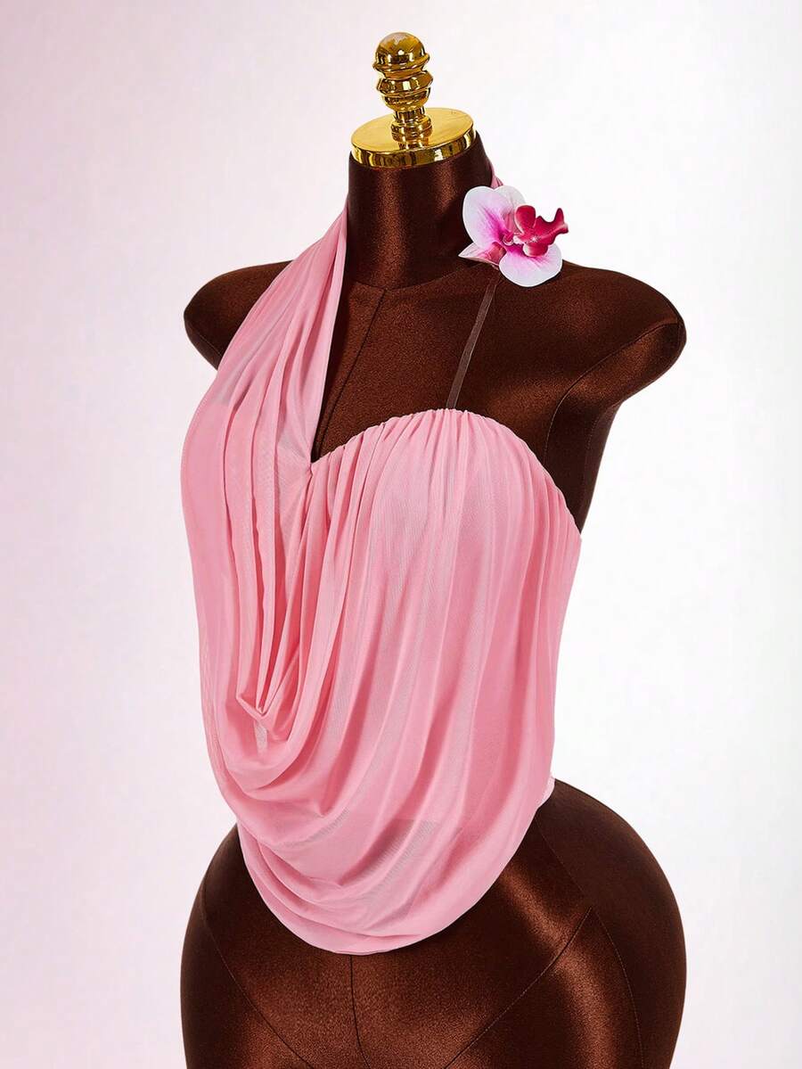 Amplova Áo nữ cổ tròn voan lưới mỏng họa tiết hoa giả bất đối xứng - Bụi hồng - Xem 1