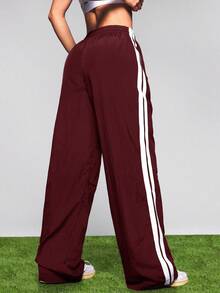 SHEIN Cheerettes 女士休闲运动侧条纹口袋宽松裤 - 紅木色 - 查看 2