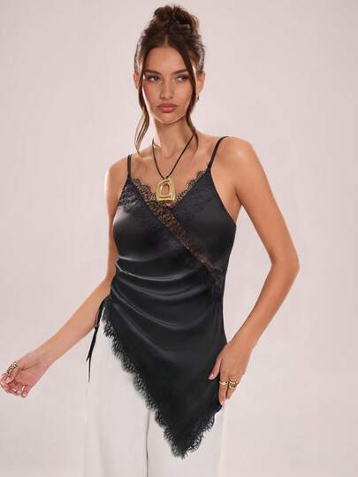 Avenya 蕾丝拼接缎面，侧边拼接抽绳褶皱透明上衣，黑色性感吊带背心