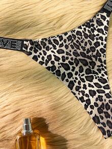 SHEIN Women's Fashion Leopard Print Rhinestone Decorated Thong Panties ClassicAnimalPrint - Multicolor - View 5