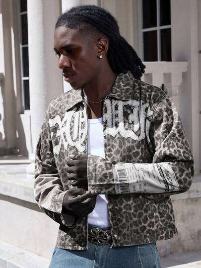 Street Life Giacca di jeans leopardata retrò da uomo