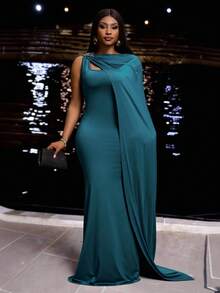 Slaydiva Plus Size Light Teal Summer Curve Elegant Cocktail Dress,Women's Cape Floor-Length Knitted Super Long Dress For Wedding,Party & Birthday Banquet - Teal Blue - View 9