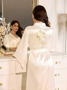 LuxeNights Mature Elegant Long Sleeve Long Robe, Romantic French Style Graceful Autumn Robe, White Ladies Sleepwear Bride Robe White Satin Robe Wedding Robe Bridal Robe Satin Robes For Women - White - View 6