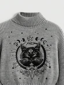 ROMWE Goth Suéter de cuello alto negro gótico oscuro con bordado misterioso de gato - Gris - Ver 3