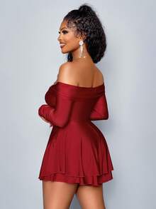 SOLERSUN 女士冬装优雅通勤情人节新年派对女士秋冬女士性感单肩连体裤，腰部修身荷叶边安格拉红色迷你假裙连体裤， - 酒紅色 - 查看 2