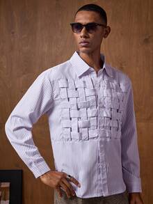 AKNOTIC Business Casual Chemise à manches longues rayée décontractée pour hommes, automne - Parme - Voir 4