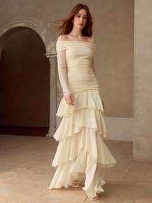 MOTF PREMIUM WOMEN'S PLEATED TEXTURED FITTED LONG DRESS, AUTUMN/WINTER