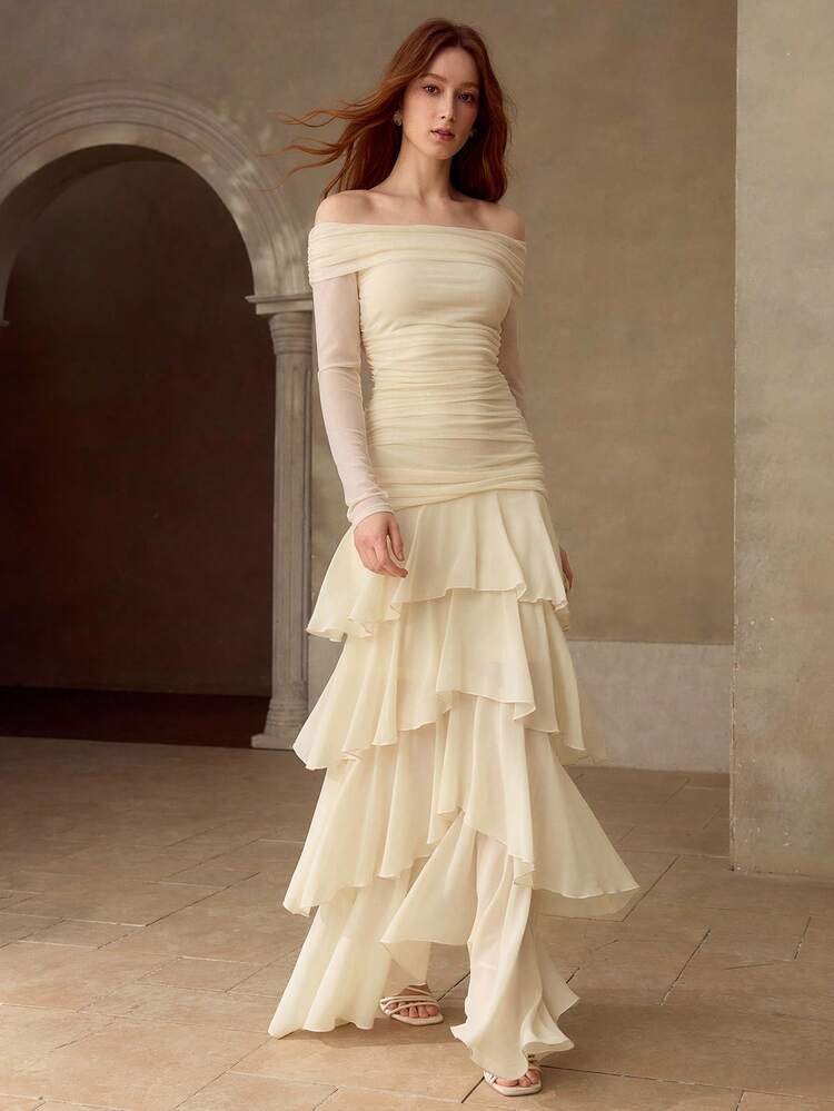 WOMEN'S PLEATED TEXTURED FITTED LONG DRESS, AUTUMN/WINTER