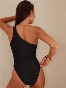 Swim Chiccia بدلة سباحة نسائية ذات فتحة رقبة غير متماثلة وبتصميم ضيق قطعة واحدة - الأسود - مشاهدة 2
