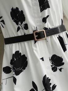 Franclia 女式领口收腰花卉印花长款束腰衬衫，优雅适合通勤和社交场合 - 黑與白 - 查看 4