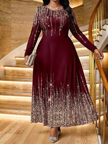 SHEIN Lady 春夏优雅派对婚礼鸡尾酒会音乐会/节日针织圆领喇叭长袖加大码连衣裙 - 酒紅色 - 查看 4