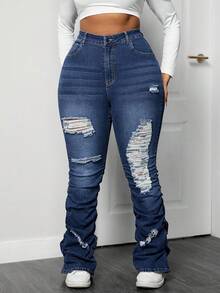 Jeanoix 大码女式休闲时尚街头高腰紧身破洞喇叭牛仔裤 - 深色水洗藍 - 查看 1