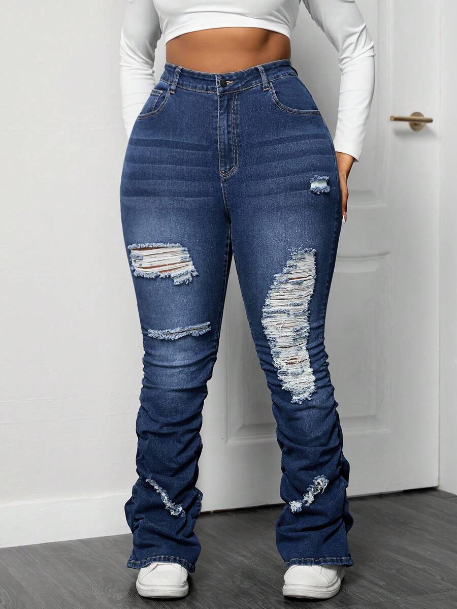 Jeanoix 大码女式休闲时尚街头高腰紧身破洞喇叭牛仔裤 - 深色水洗藍 - 查看 1