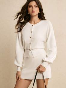Poéselle Women's Autumn/Winter Office/Commute Minimalist Solid Color Drop Shoulder Loose Lantern Sleeve Single-Breasted Cardigan And Knit Skirt 2-Piece Set - White - View 6