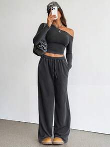 SHEIN Tall Bộ 2 món dành cho nữ, mùa xuân hè, kiểu dáng đơn giản, màu trơn, áo croptop tay dài lệch vai và quần ống rộng có dây rút eo. - màu đen - Xem 7