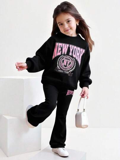 Maija Kids Maija Kids 2 件套年轻女孩针织圆领粉色学院风字母图案宽松运动衫和喇叭裤休闲装，返校日装