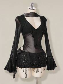 SHEIN ICON Bộ đồ liền thân lưới mỏng cổ chữ V sâu viền bèo nhún cho nữ - màu đen - Xem 10