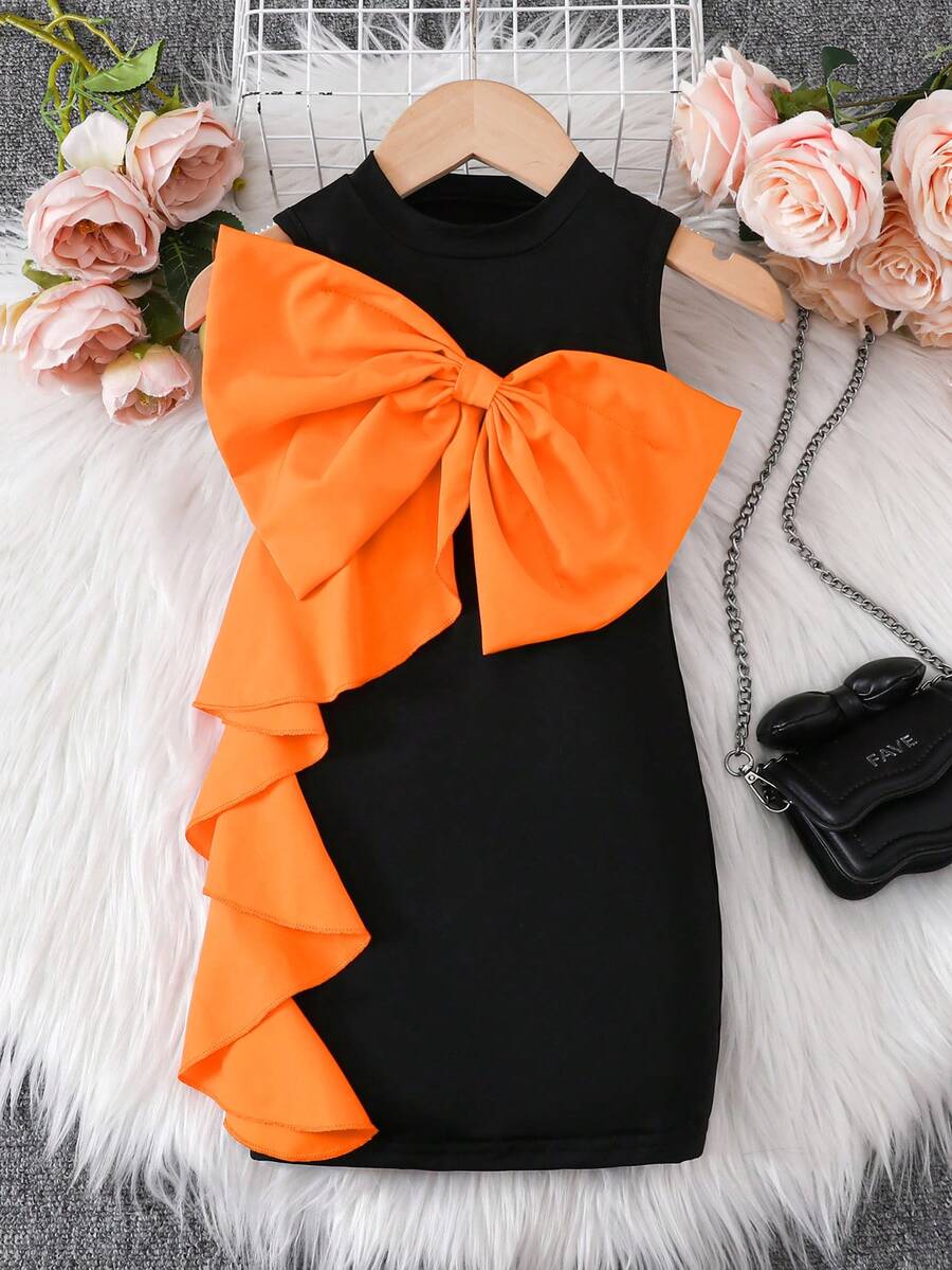 Glamorique Kids Đầm đen gân cho bé gái với nơ lớn màu cam rực rỡ, thời trang và bắt mắt, thích hợp cho các buổi đi chơi và tiệc tùng. - trái cam - Xem 1