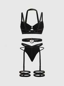 ROMWE Gothic Punk Underwire Bra, Thong, Garter Belt Sexy Lingerie Set - Black - View 2