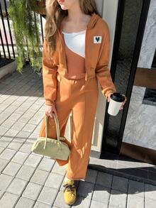 3件套少女纯色保暖内衬爱心拉链连帽衫、吊带背心和阔腿裤休闲套装，适合日常穿着、通勤和上学。 - 彩色 - 查看 3
