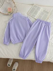 Genkimix Kids 2件套女童春秋新款风衣套装，面料蝴蝶刺绣，休闲时尚蝴蝶结领拉链外套和裤子，可爱甜美装扮 - 紫色 - 查看 2