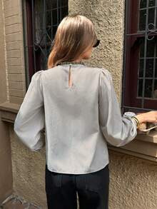 Serisse 女士休闲条纹花卉刺绣灯笼袖衬衫，秋季 - 綠色 - 查看 2