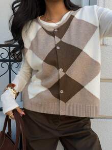 Siren Gaze 女士棕色菱形格纹针织背心，秋冬新品 - 棕色 - 查看 7