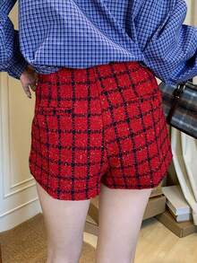 K-Vae Shorts femininos de lã xadrez de cintura alta, elegantes e modernos. - Vermelho - Ver 2