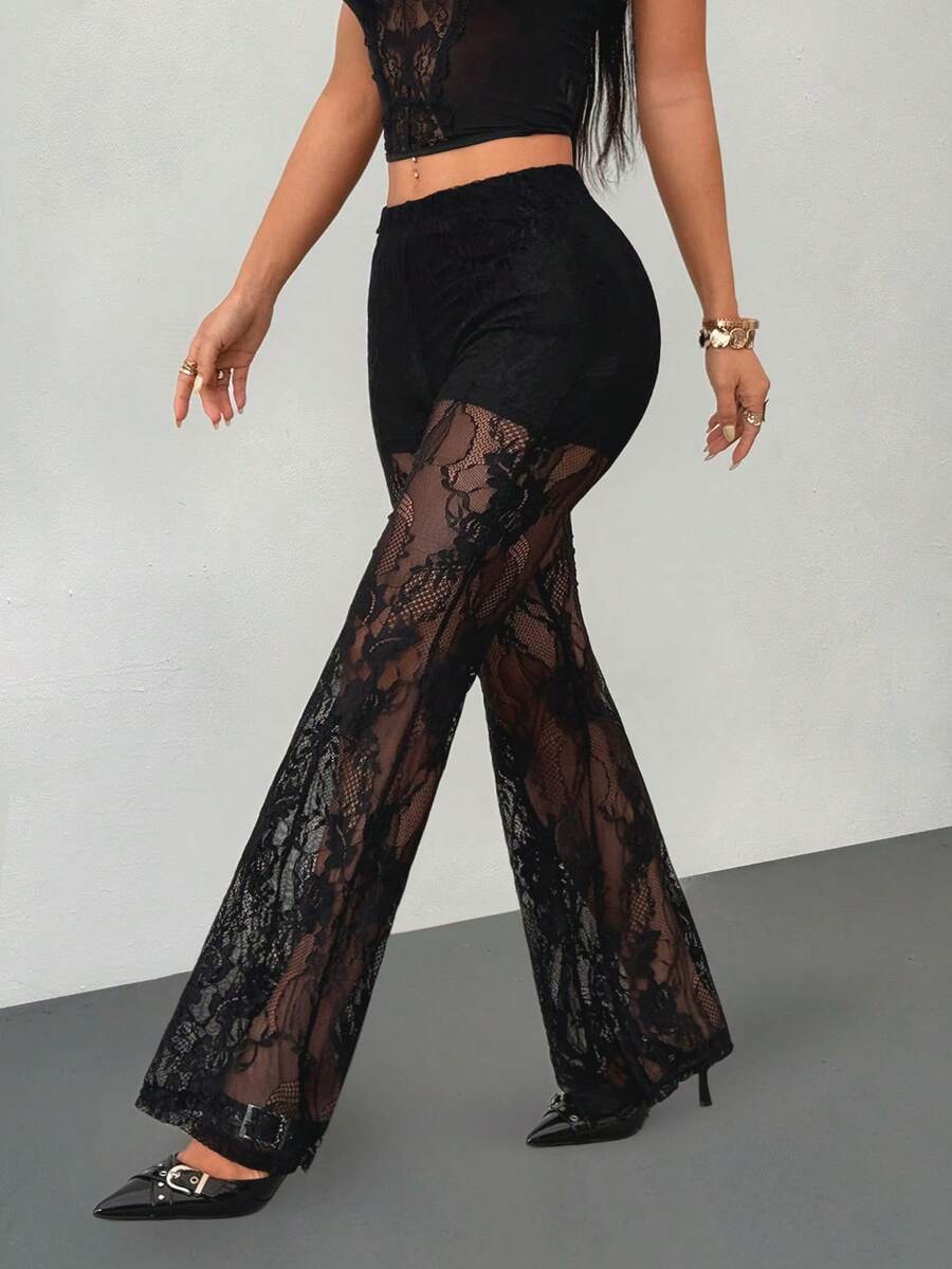SHEIN PETITE Women's Y2k Sexy Western Wear Women Low Waist Lace Flared Leg Pants, Elegant & Fashionable - Black - View 1